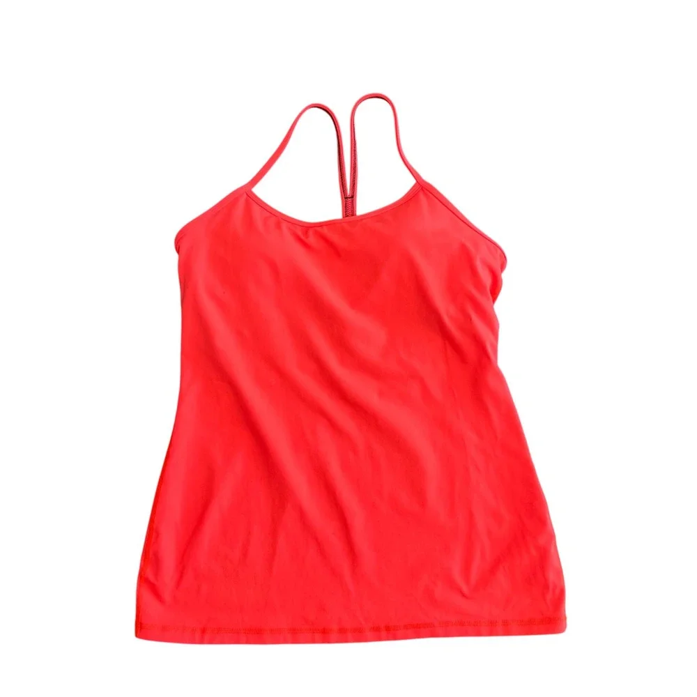 Lululemon Power Y Tank Top Neon Coral Orange Racerback Shelf Bra Womens Yoga 10